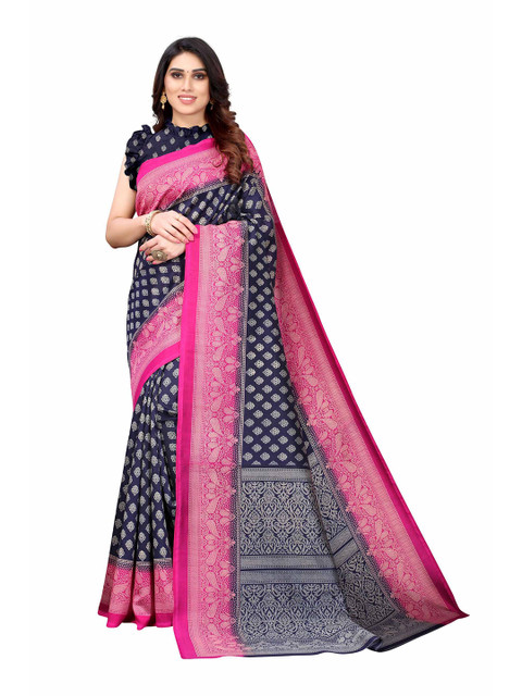 

AADVIKA Navy Blue & Pink Printed Mysore Silk Saree