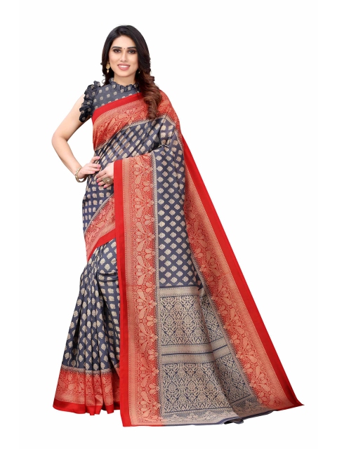 

AADVIKA Grey & Red Printed Mysore Silk Saree