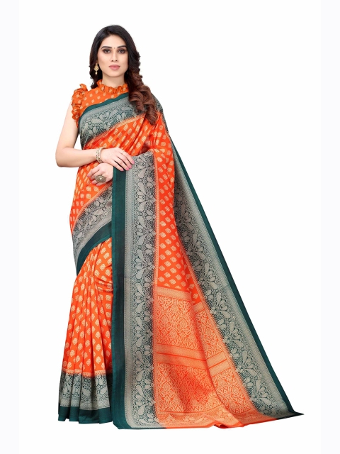 

AADVIKA Orange & Green Printed Mysore Silk Saree