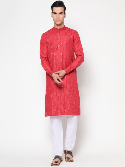 

Tasarika Men Coral Pink & White Sequinned Pure Cotton Kurta with Pyjamas