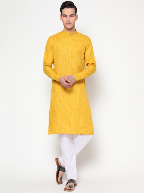 

Tasarika Men Yellow Printed Sequinned Pure Cotton Kurta with Pyjamas