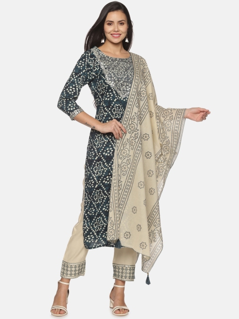 

Palakh Women Green Printed Mirror Work Kurta with Trousers & With Dupatta