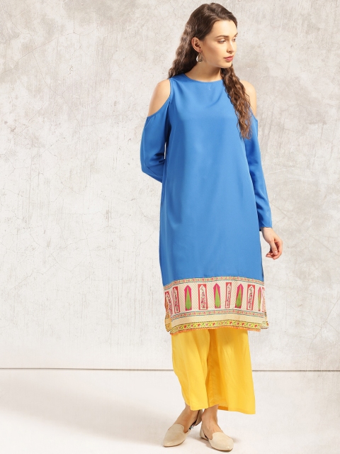 

Anouk Women Blue Printed Cold-Shoulder A-Line Kurta