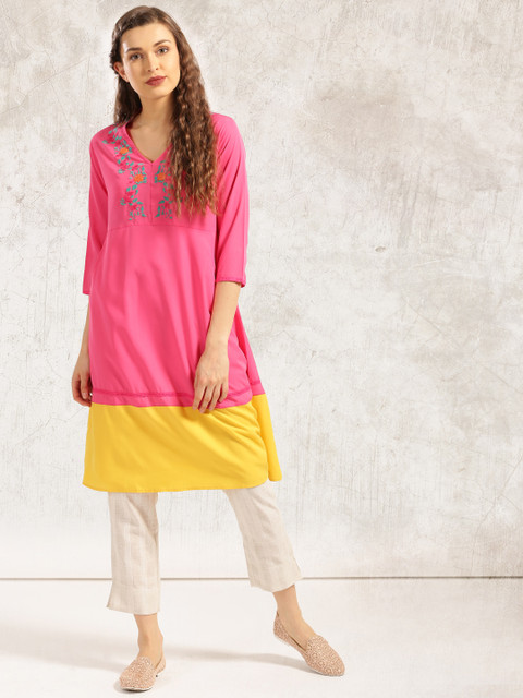 

Anouk Women Pink & Yellow Colourblocked A-Line Kurta
