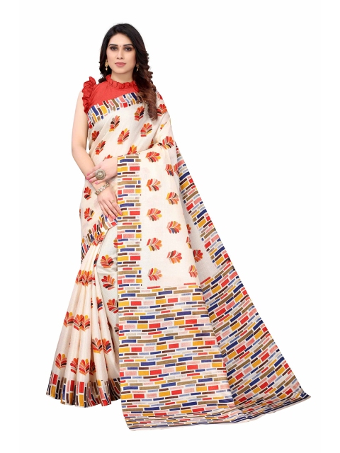 

AADVIKA Red & Blue Floral Silk Blend Ready to Wear Khadi Saree