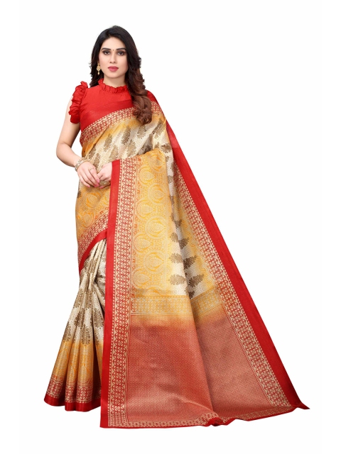 

AADVIKA Red & Yellow Ethnic Motifs Khadi Saree