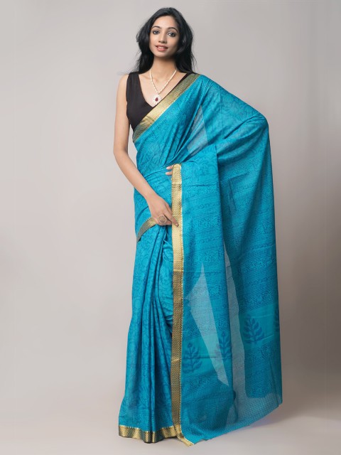 

Unnati Silks Blue & Golden Bagh Zari Pure Cotton Venkatgiri Saree