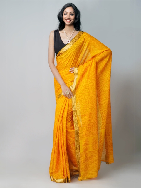 

Unnati Silks Mustard Yellow & Gold-Toned Bagh Printed Zari Pure Cotton Venkatgiri Saree