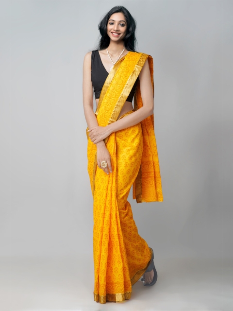 

Unnati Silks Mustard Yellow Bagh Printed Zari Pure Cotton Venkatgiri Saree