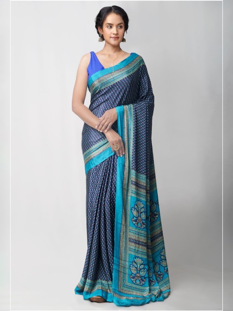 

Unnati Silks Navy Blue Ethnic Motifs Silk Blend Block Print Saree