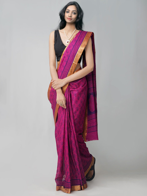 

Unnati Silks Purple & Blue Bagh Zari Handloom Sustainable Pure Cotton Venkatgiri Saree