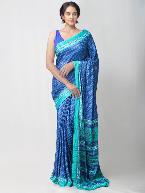 

Unnati Silks Blue & Green Ethnic Motifs Crepe Block Print Saree