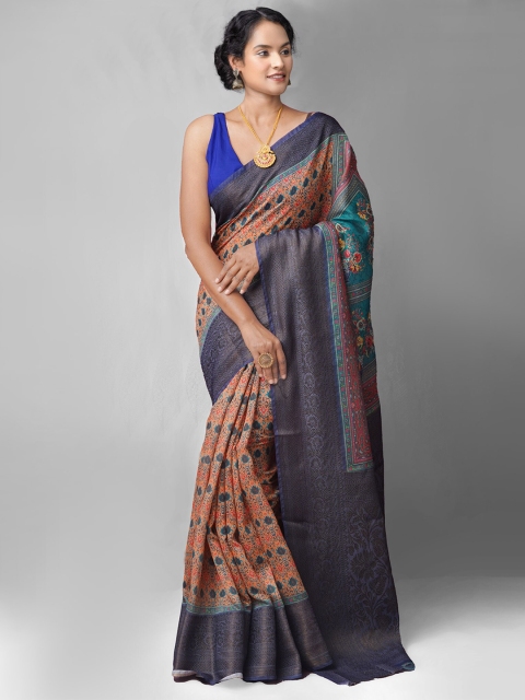 

Unnati Silks Blue & Peach-Coloured Floral Zari Silk Cotton Maheshwari Saree