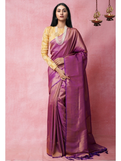 

Unnati Silks Violet & Gold-Toned Woven Design Silk Blend Banarasi Saree
