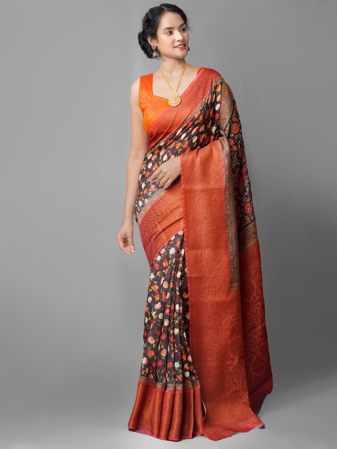 

Unnati Silks Black & Red Kalamkari Zari Silk Cotton Maheshwari Saree