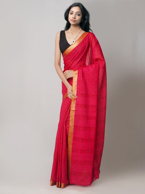 

Unnati Silks Fuchsia & Gold-Toned Bagh Printed Zari Pure Cotton Venkatgiri Saree
