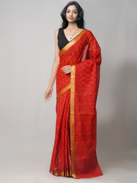 

Unnati Silks Red & Gold-Toned Printed Zari Pure Cotton Venkatgiri Bagh Saree