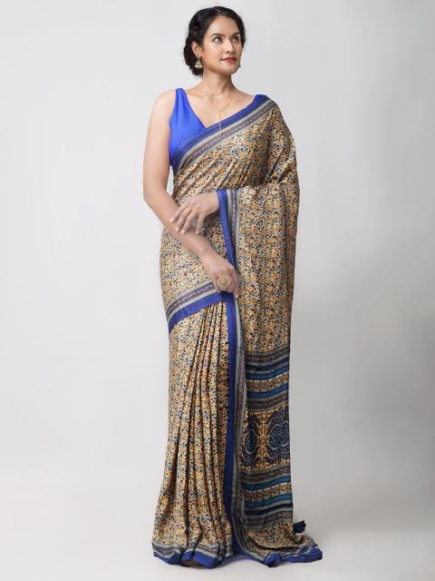 

Unnati Silks Beige & Blue Ethnic Motifs Crepe Block Print Saree