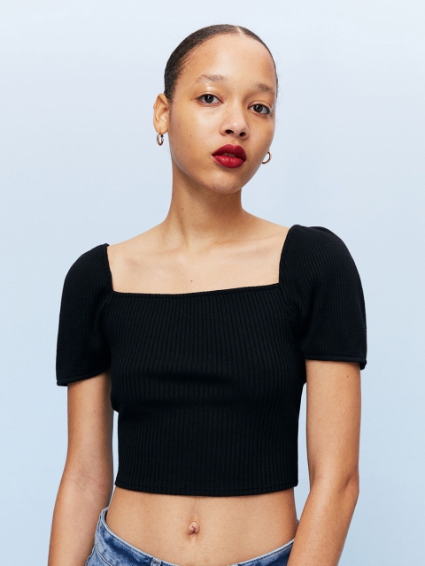 

H&M Women Black Ribbed Crop Top