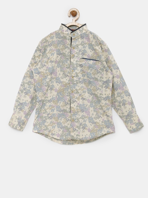 

K&U Boys Beige & Blue Floral Print Standard Slim Fit Casual Shirt