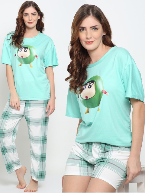 

GRACIT Women 3Pcs Green & White Cartoon Character Printed Night suit