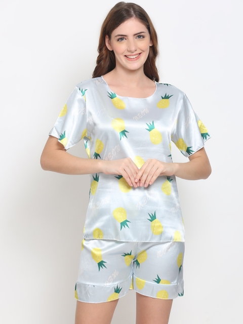 

GRACIT Women Sea Green & Yellow Tropical Printed Satin Night suit