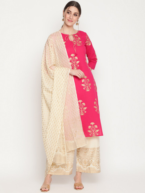

THE NKS PLUS Women Pink Embroidered Layered Pure Cotton Kurti with Churidar