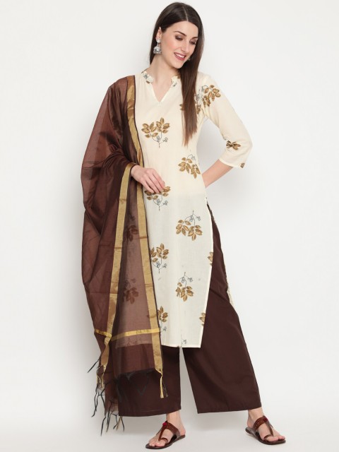 

THE NKS PLUS Women Cream-Coloured Embroidered Layered Pure Cotton Kurti with Skirt