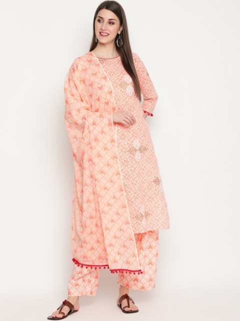 

THE NKS PLUS Women Peach-Coloured Printed Pure Cotton Kurta with Trouser & Dupatta