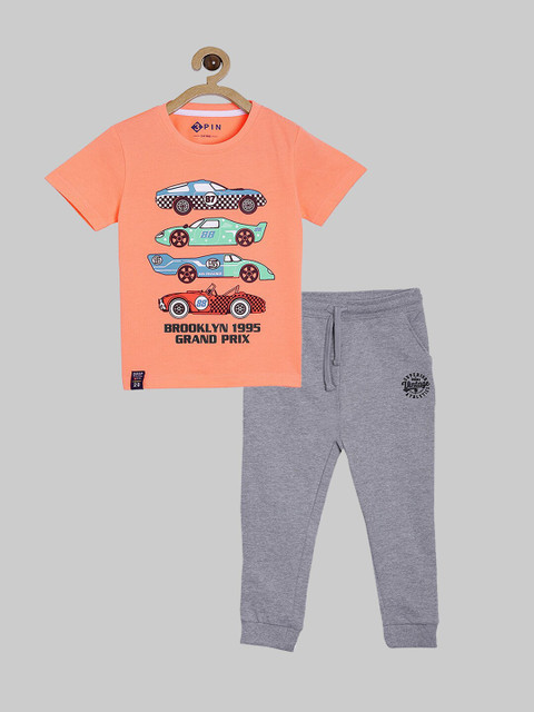 

3PIN Boys Peach-Coloured & Grey Printed Pure Cotton T-shirt with Joggers