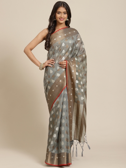 

Inddus Grey & White Ethnic Motifs Woven Design Zari Organza Banarasi Saree