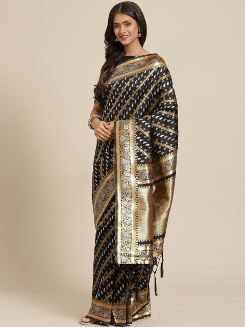 

Inddus Black & Gold-Toned Ethnic Motifs Zari Silk Blend Banarasi Saree