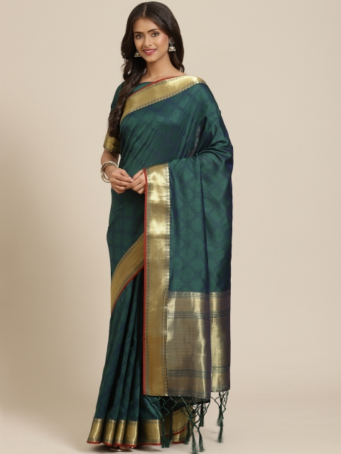 

Inddus Green & Navy Blue Ethnic Motifs Zari Silk Blend Banarasi Saree