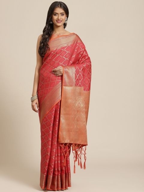 

Inddus Pink & Gold-Toned Ethnic Motifs Zari Silk Blend Banarasi Saree