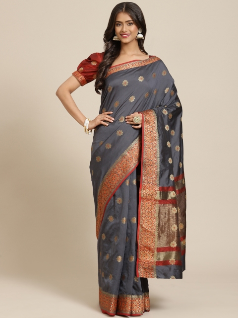 

Inddus Grey & Maroon Ethnic Motifs Zari Silk Blend Banarasi Saree
