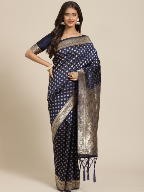

Inddus Navy Blue & Golden Ethnic Motifs Zari Woven Design Banarasi Saree