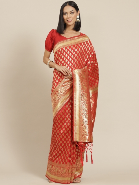 

Inddus Red & Golden Woven Design Zari Banarasi Saree