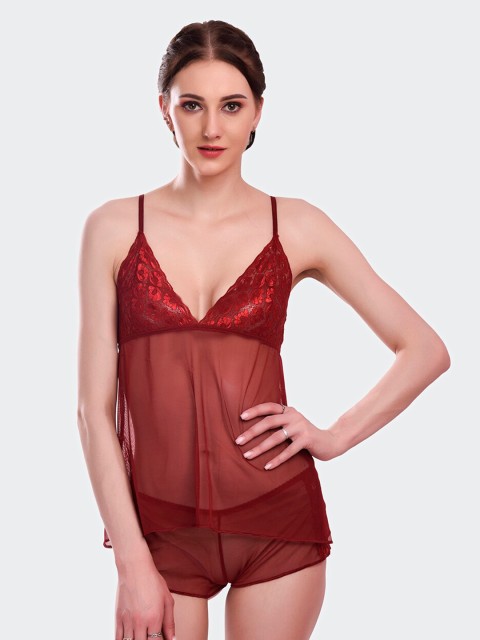 

Fleurt Women Maroon Baby Doll With Briefs