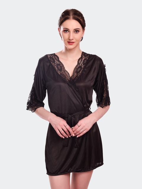 

Fleurt Black Self Design Satin Baby Doll Comes With Briefs