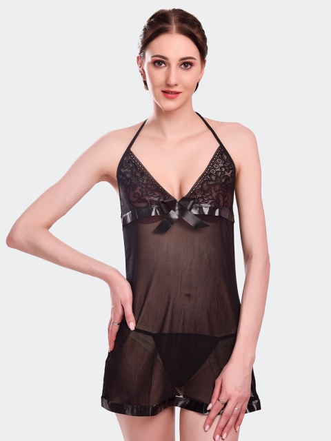 

Fleurt Women Black Self Design Baby Doll With Briefs