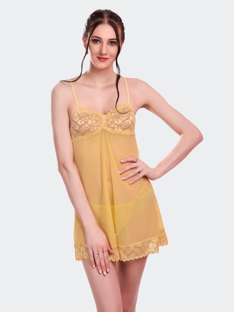 

Fleurt Women Yellow Self Design Baby Doll With Briefs