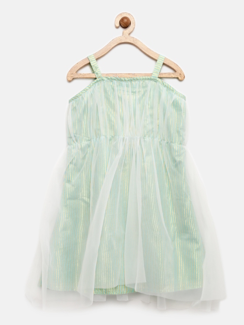 

K&U Girls White & Light Green Striped Net Empire-Line Dress