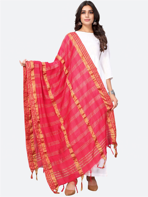 

SIRIL Pink & Gold-Toned Woven Design Striped Dupatta with Zari