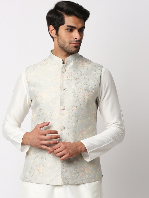 MEWAR Men Grey Floral Printed Silk Nehru Jacket