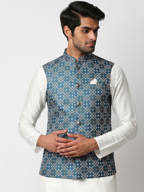 

MEWAR Men Blue & Yellow Printed Nehru Jackets