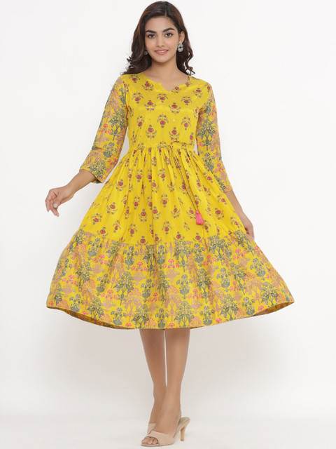 

JAVTA Women Mustard Yellow Floral Printed Anarkali Kurta