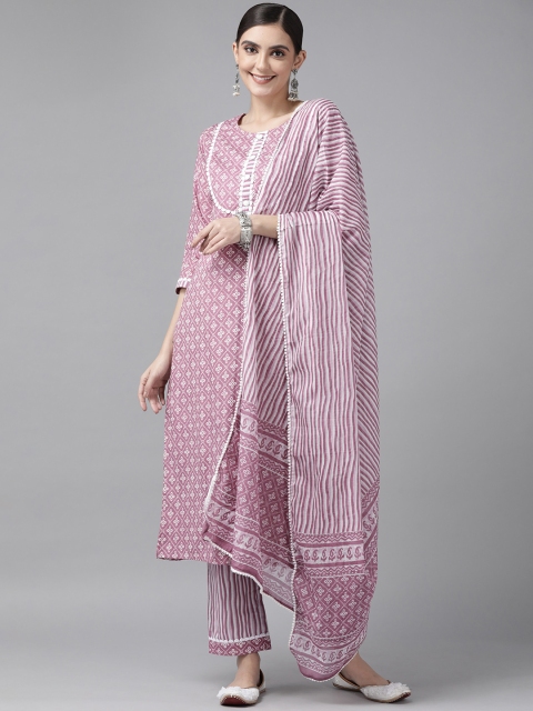 

Yufta Women Lavender & Off-White Pure Cotton Block Print Kurta with Palazzos & Dupatta