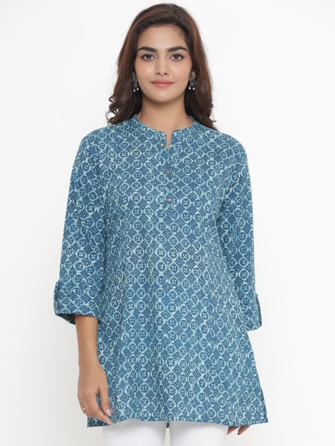 

JAVTA Blue Mandarin Collar Printed Cotton Tunic