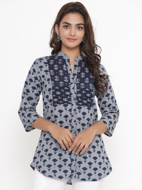 

JAVTA Grey & Blue Mandarin Collar Printed Tunic