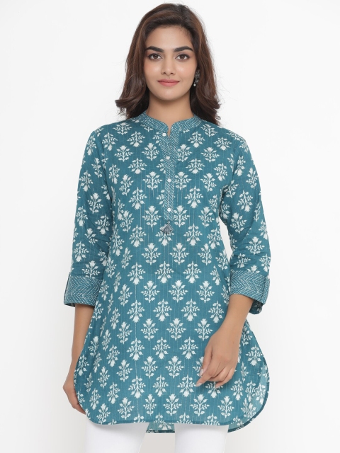 

JAVTA Blue & White Mandarin Collar Floral Printed Tunic